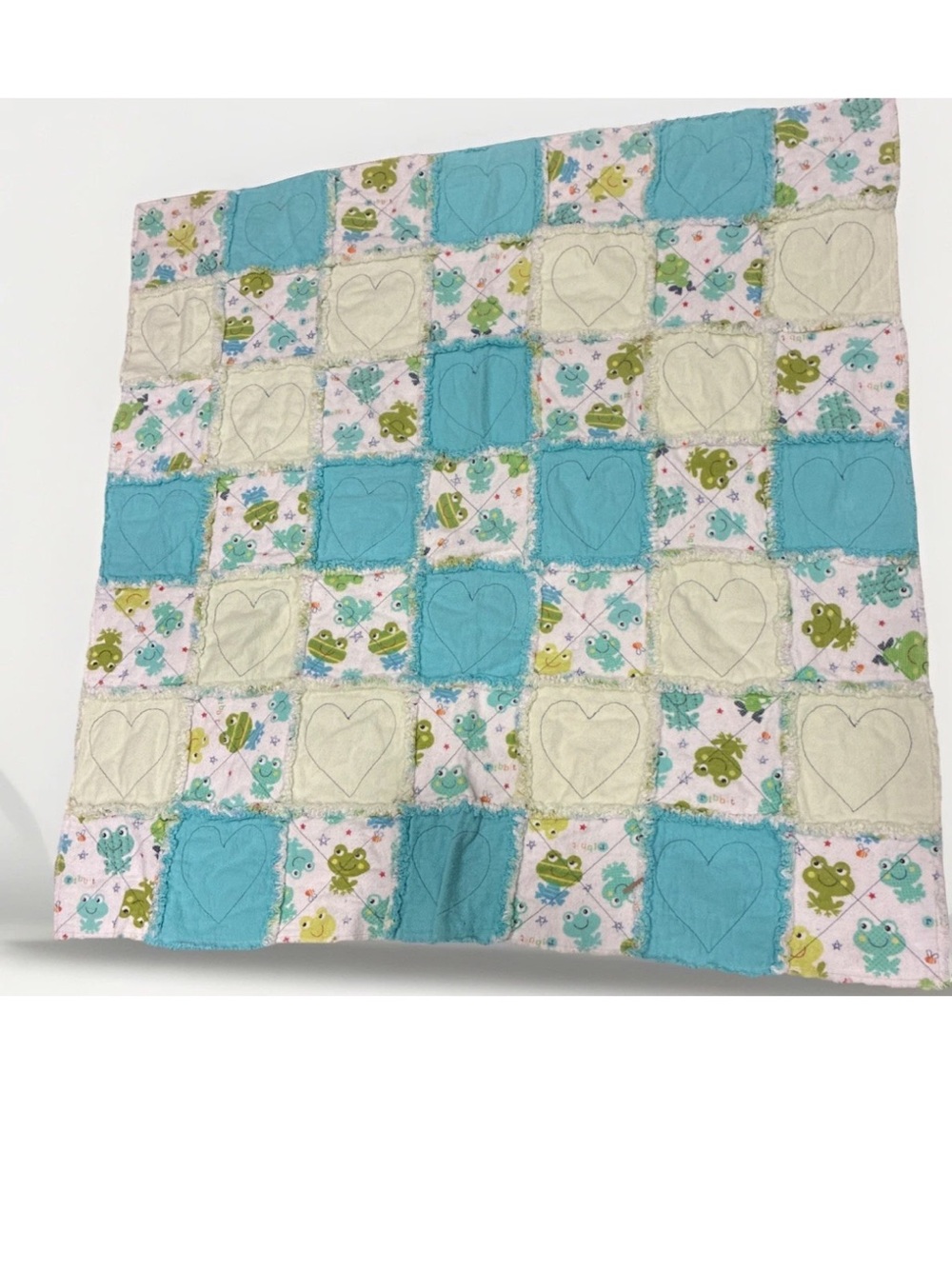 Baby Patchwork Frog Heart Quilt - Blue, Cream, Pink
